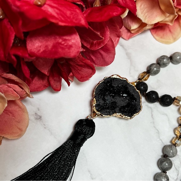 Natural Stone Necklace with Gold Dipped Hematite Geode Druzy Pendant & Tassel - Picture 8 of 16